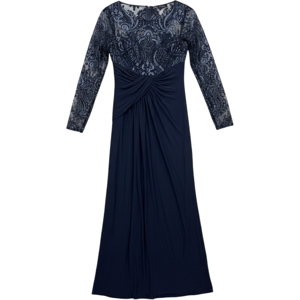 Eliza J Navy Sequin Lace Bodice Formal Gown Long Sleeve Mother of Bride 4 Petite